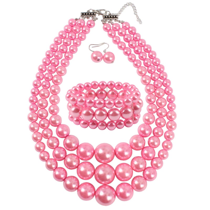 KOSMOS-LI Large Pearl Jewelry Set Stocking Stuffers 3 Layer Simulated Pink Pearl Women's Statement 18" Necklace Bracelet and Earrings - Image 1